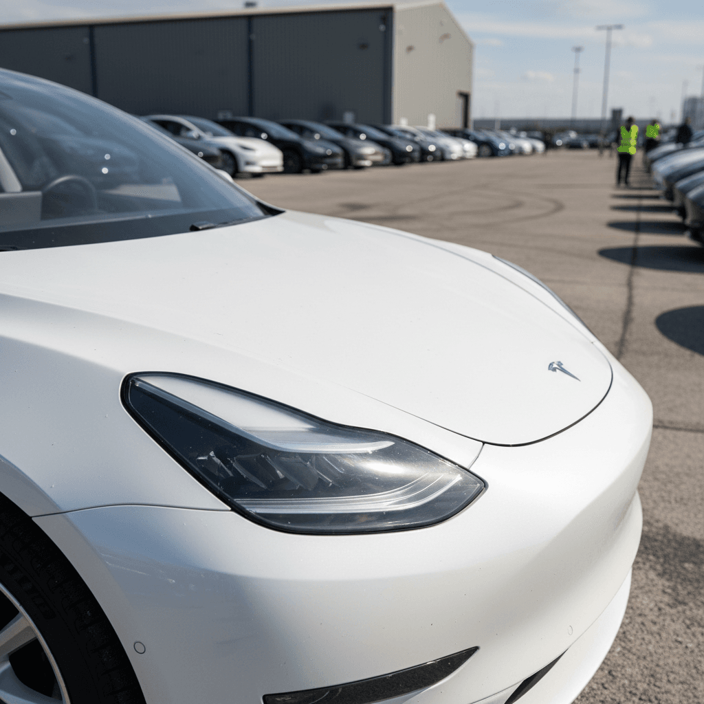 Close view of 2024 Tesla Model 3 Highland front end with focus on panel alignment and body gaps