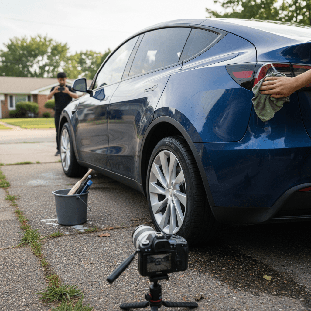 Owner detailing and photographing a used Tesla Model Y in a driveway before listing it for sale
