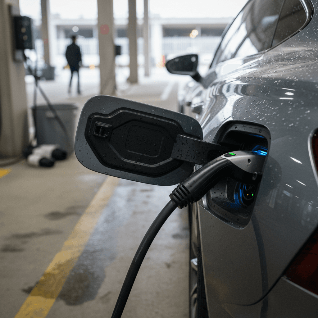 Family with a modern electric SUV plugged into a home charger in a garage