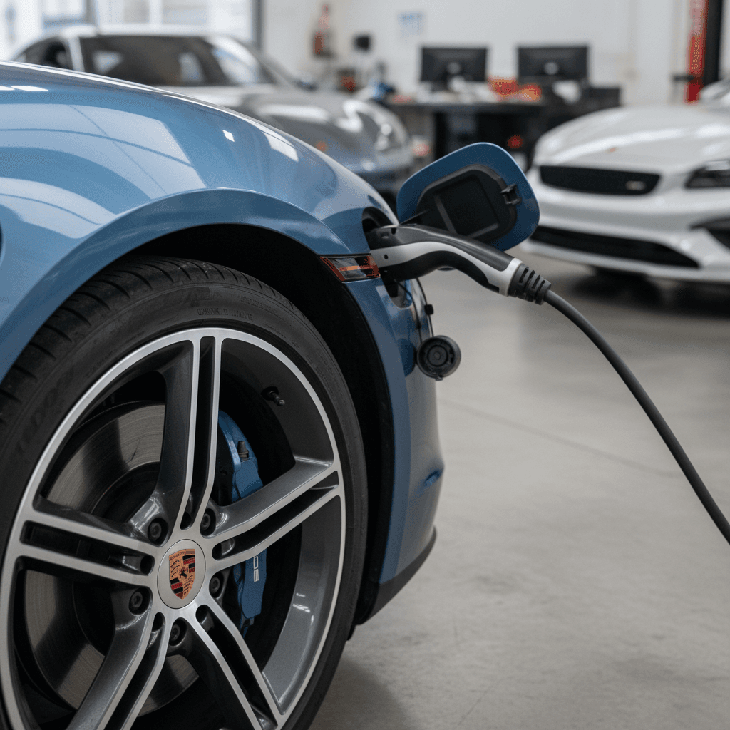 Technician inspecting a used Porsche Taycan’s wheels and charging port at a dealership