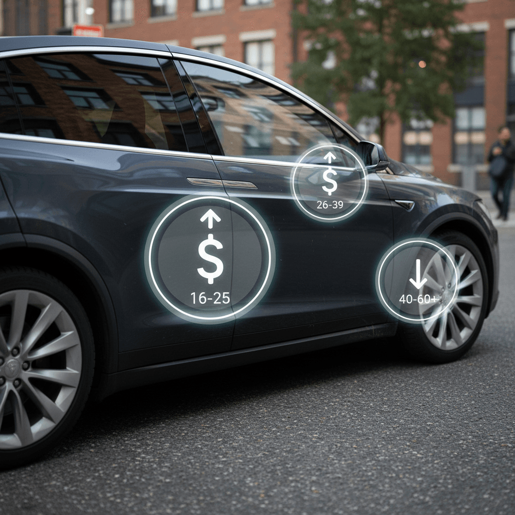 Illustration of a Tesla Model X surrounded by age brackets and insurance cost icons showing how premiums change over a driver’s lifetime
