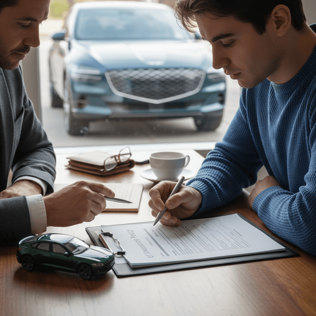 Insurance agent and Genesis GV60 owner discussing coverage options at a desk