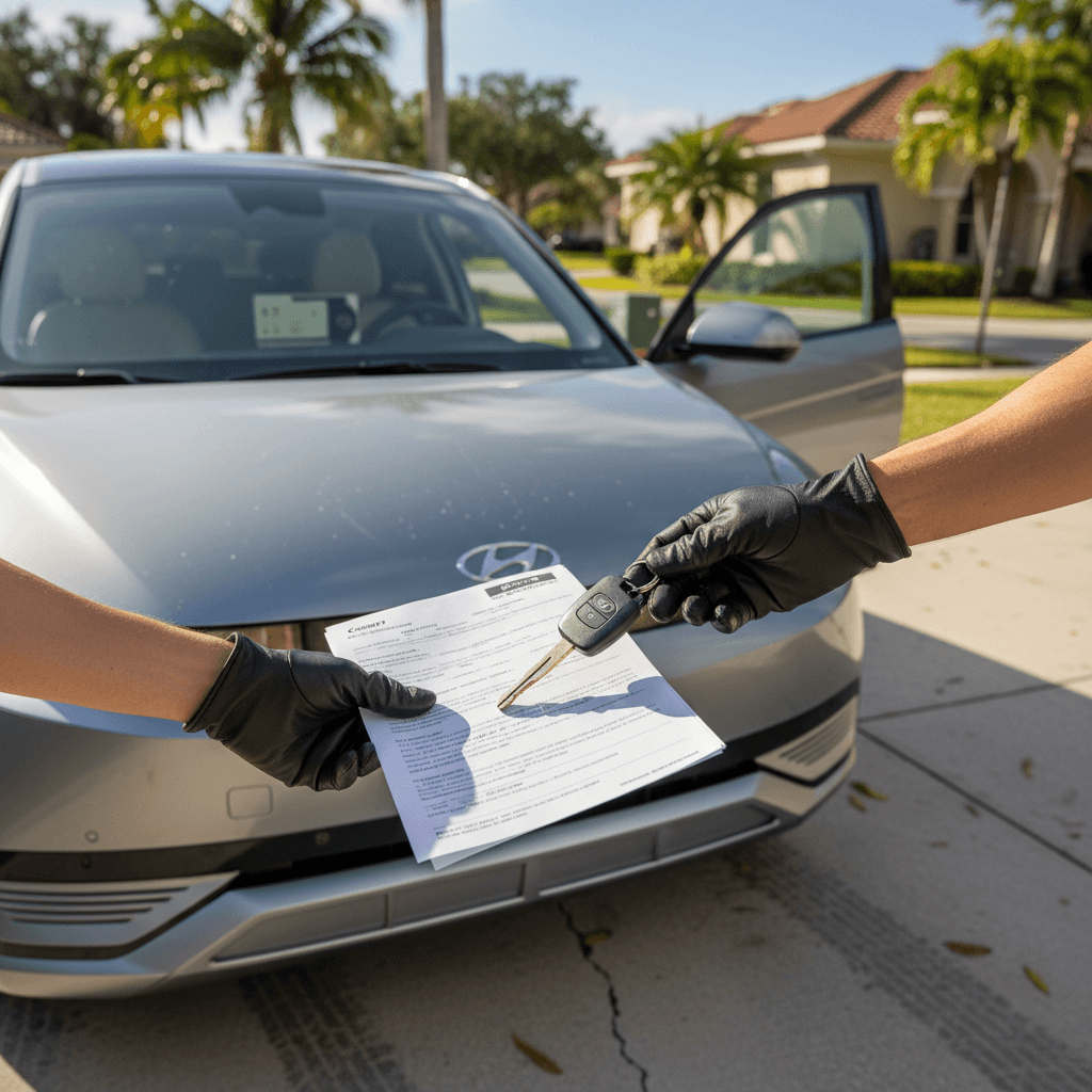 Seller and buyer reviewing title and paperwork next to a Hyundai IONIQ 5 in a sunny Florida driveway