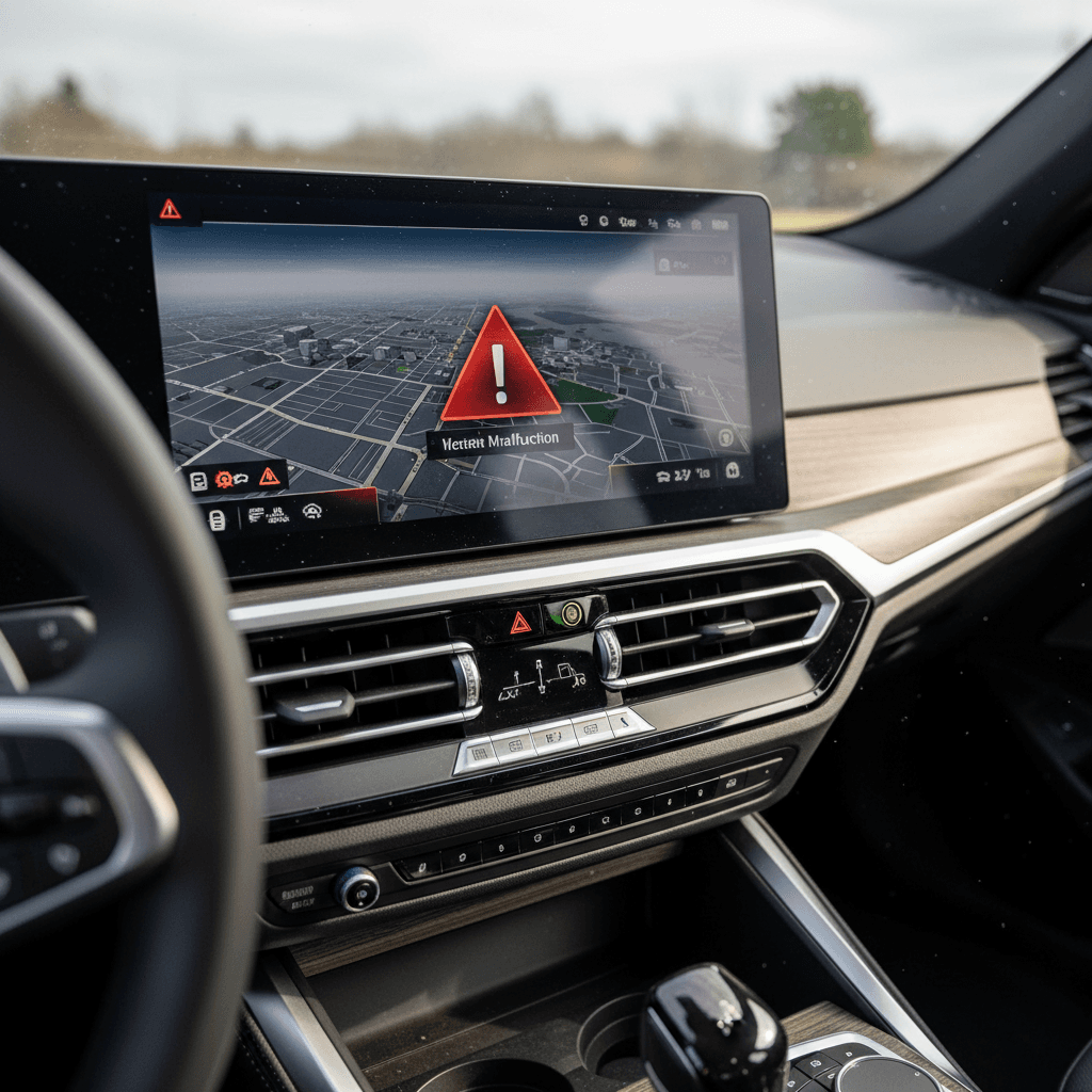 2022 BMW i4 dashboard showing multiple warning lights and infotainment screen, illustrating potential software issues