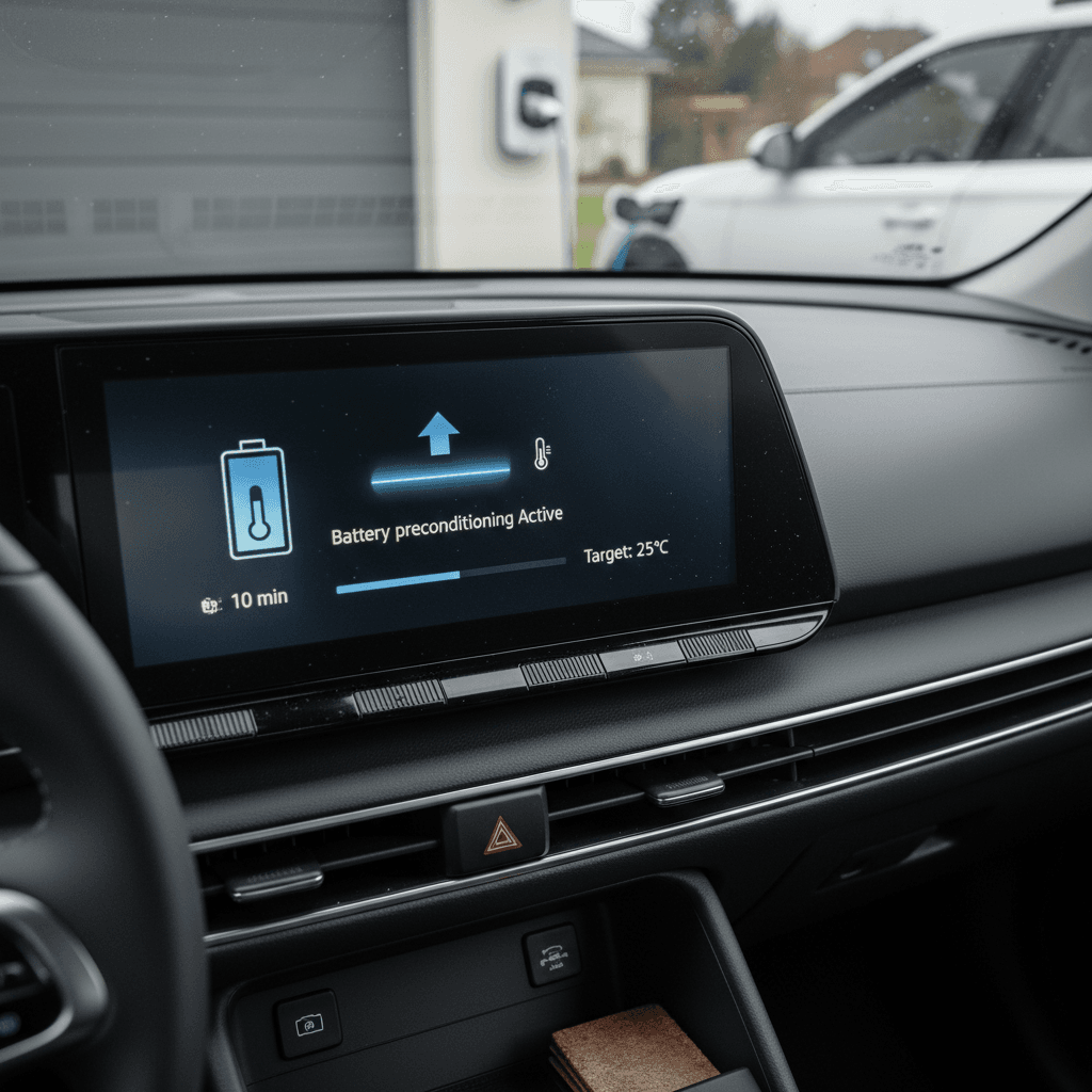 Electric car plugged into a DC fast charger at a snowy station, illustrating winter preconditioning benefits