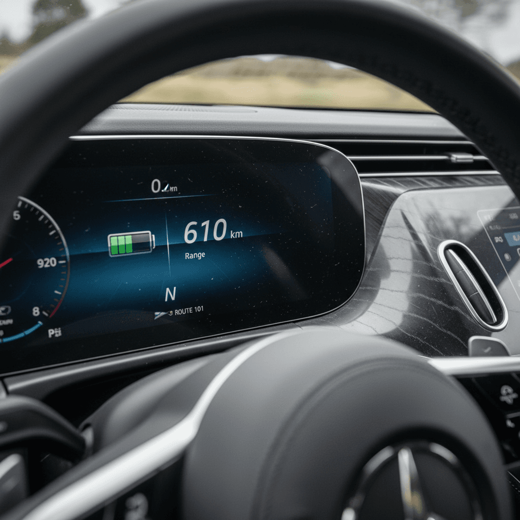 Mercedes EQS digital gauge cluster showing battery state of charge and driving range estimate during a highway test drive