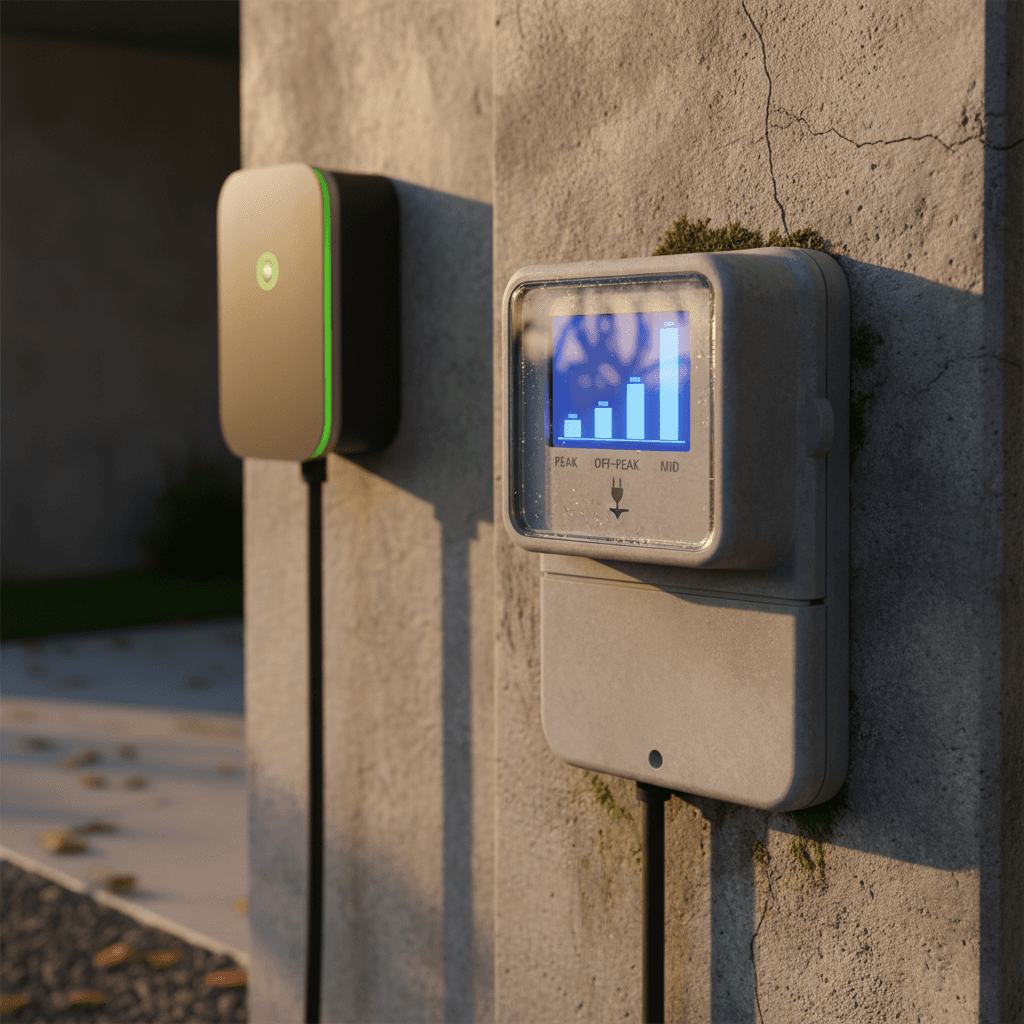 Side‑by‑side view of a home Level 2 EV charger and a public DC fast charging station price screen