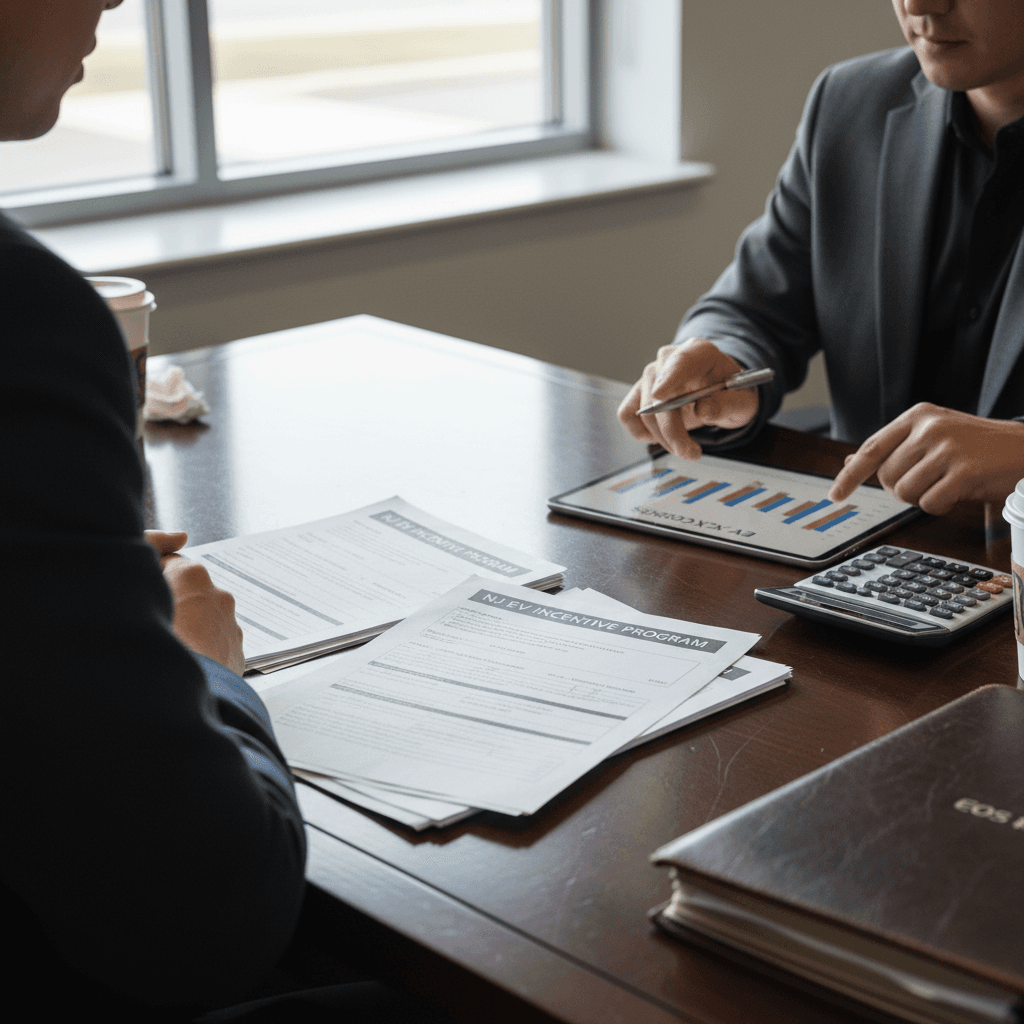New Jersey car buyer reviewing EV incentive paperwork with dealer at a desk