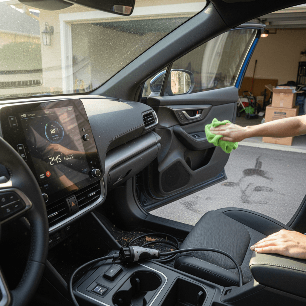 Owner cleaning and charging a Subaru Solterra at home before listing it for sale