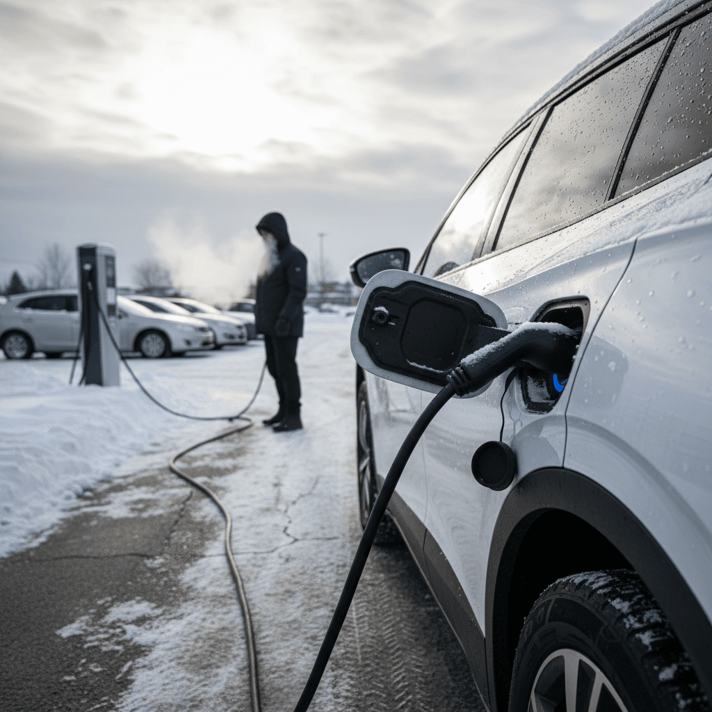 VW ID.4 charging at a public station in a snowy parking lot, with snow on the ground and visible cold breath from a nearby pedestrian