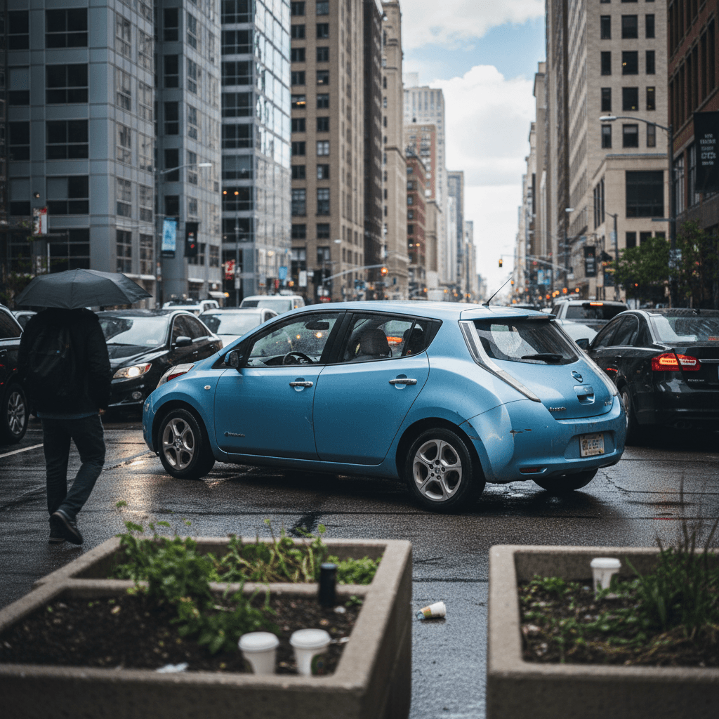 Compact used electric hatchback navigating a narrow city street with parked cars and tall buildings