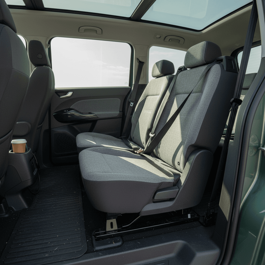 Interior view of a 2025 Volkswagen ID. Buzz showing the third-row bench seat and seatbelts after recall modification