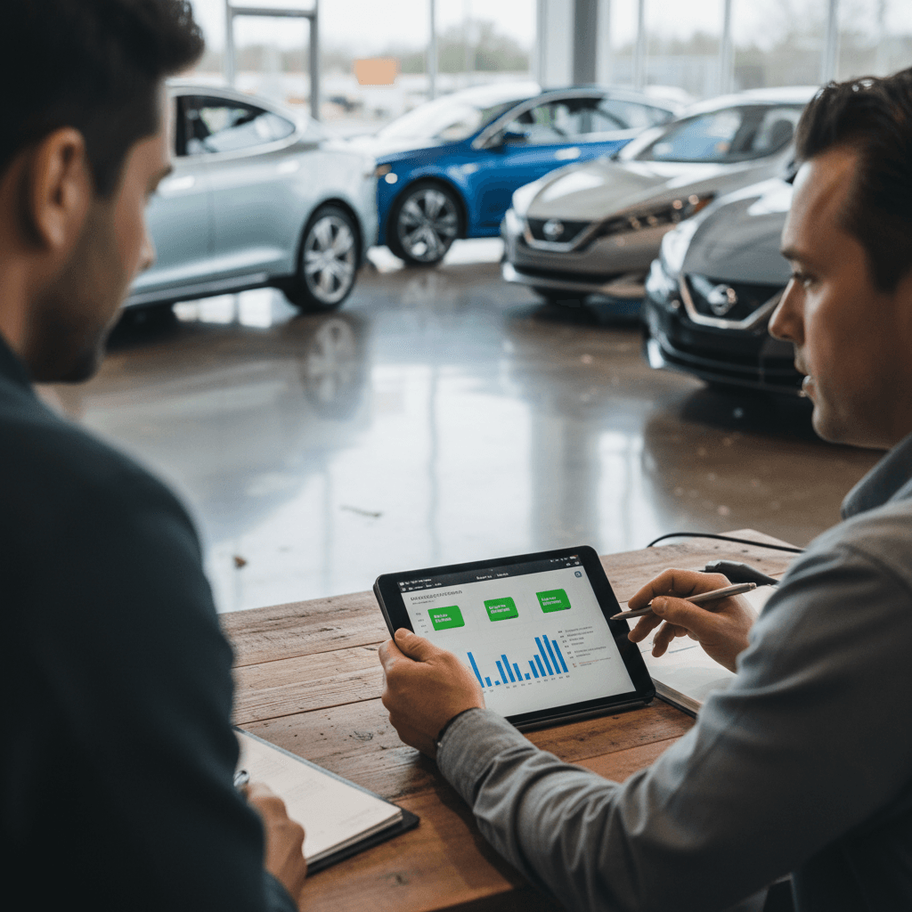 EV specialist in Richmond walking a customer through a detailed battery health report on a tablet