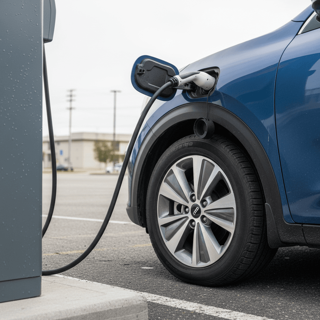 Close view of a Kia Niro EV charging at a public DC fast charger with focus on the wheel and charge port