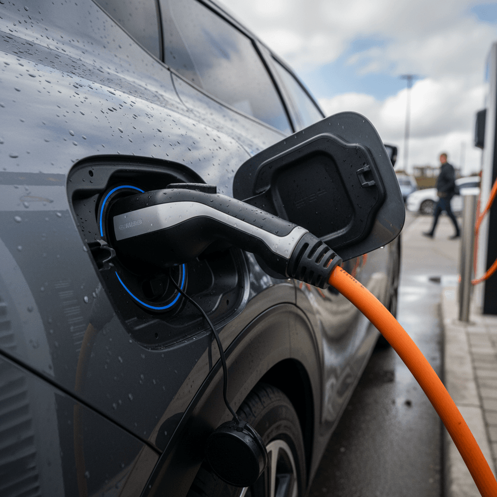Kia EV6 plugged into a public DC fast charger, illustrating its rapid charging capability for used buyers