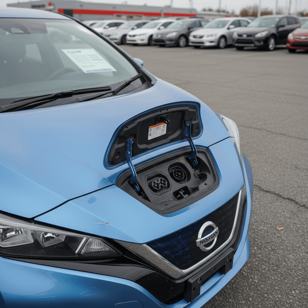 Used Nissan Leaf at dealership lot with price sticker and charging port visible, highlighting condition and battery-focused shopping