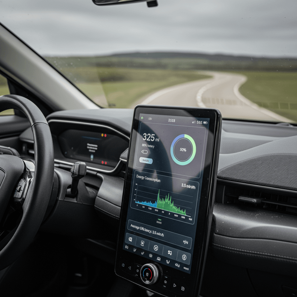 Driver view of a Ford Mustang Mach-E digital dashboard showing range, trip data, and energy usage while cruising on the highway