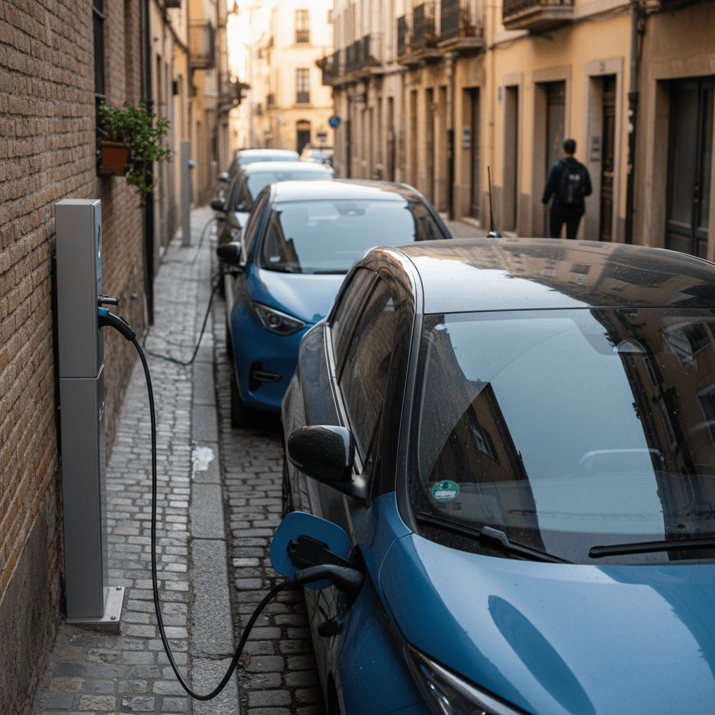 Several compact electric cars lined up along a narrow city street near curbside chargers