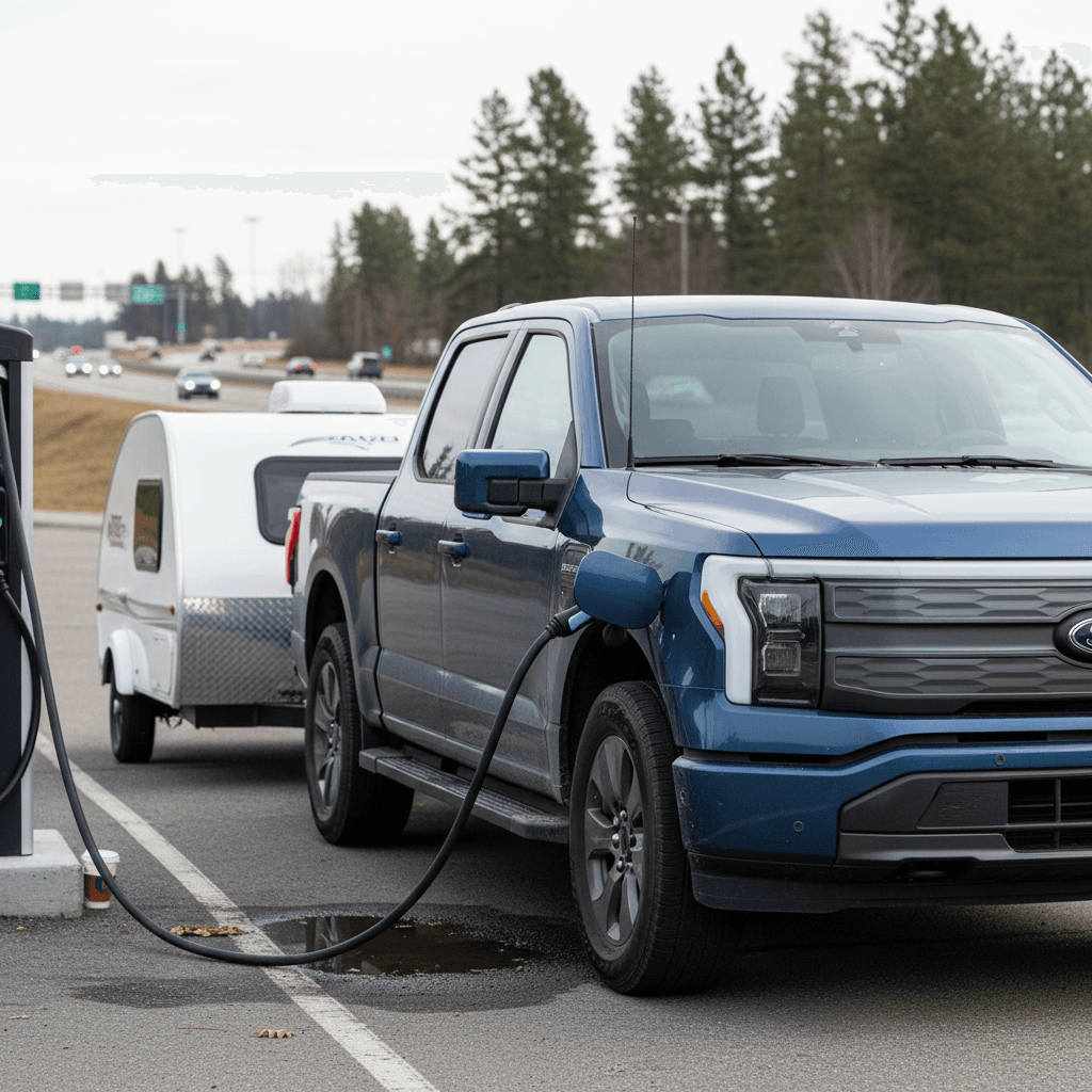 Ford F-150 Lightning charging while towing a small travel trailer at a highway DC fast charger