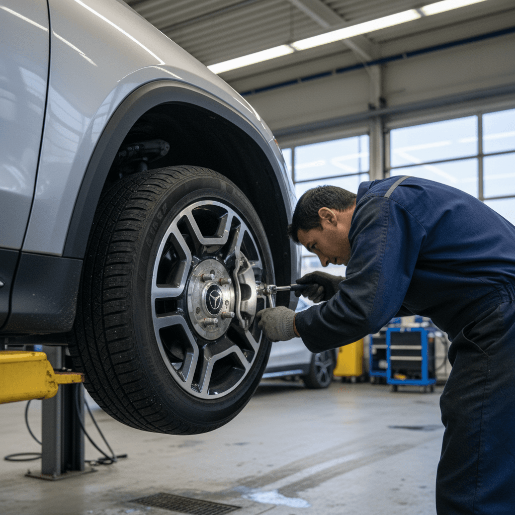 Mechanic inspecting the brakes and tires on a Mercedes EQB inside a clean dealership service bay