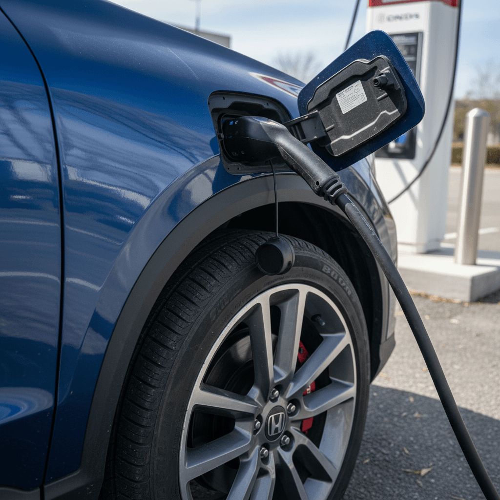 Honda Prologue charging at a public fast charger, showing charging port and wheel