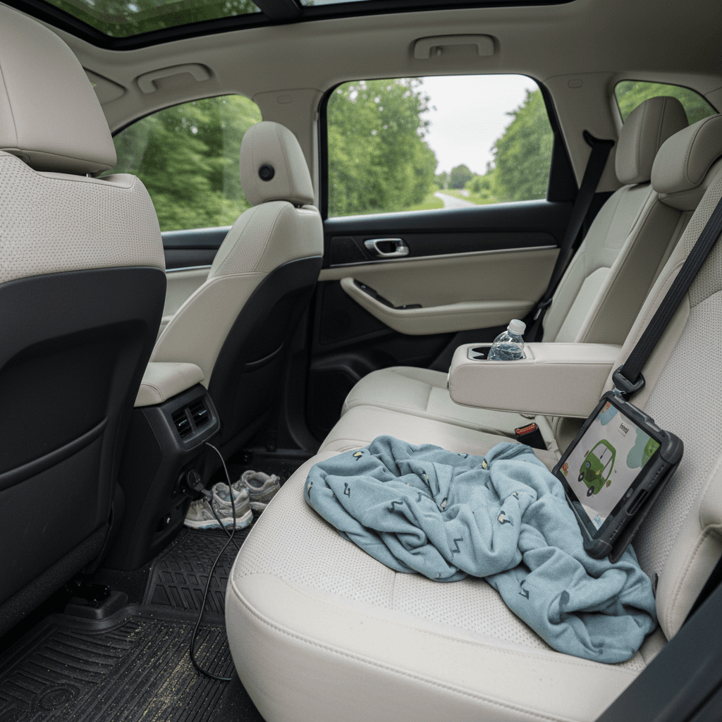 Third row interior of a modern three-row electric SUV with child seats installed