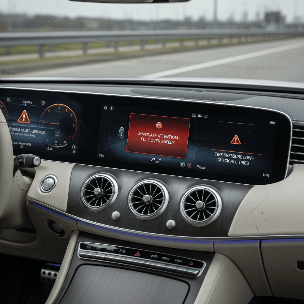 Mercedes EQS MBUX Hyperscreen displaying multiple system warnings on the digital dashboard