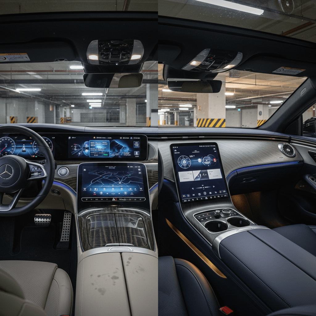 Luxurious EV interiors showing large touchscreens and ambient lighting in both Mercedes EQS and Lucid Air
