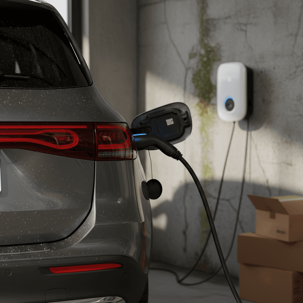 Mercedes EQB charging at a residential driveway wallbox, highlighting its charging port and taillight design