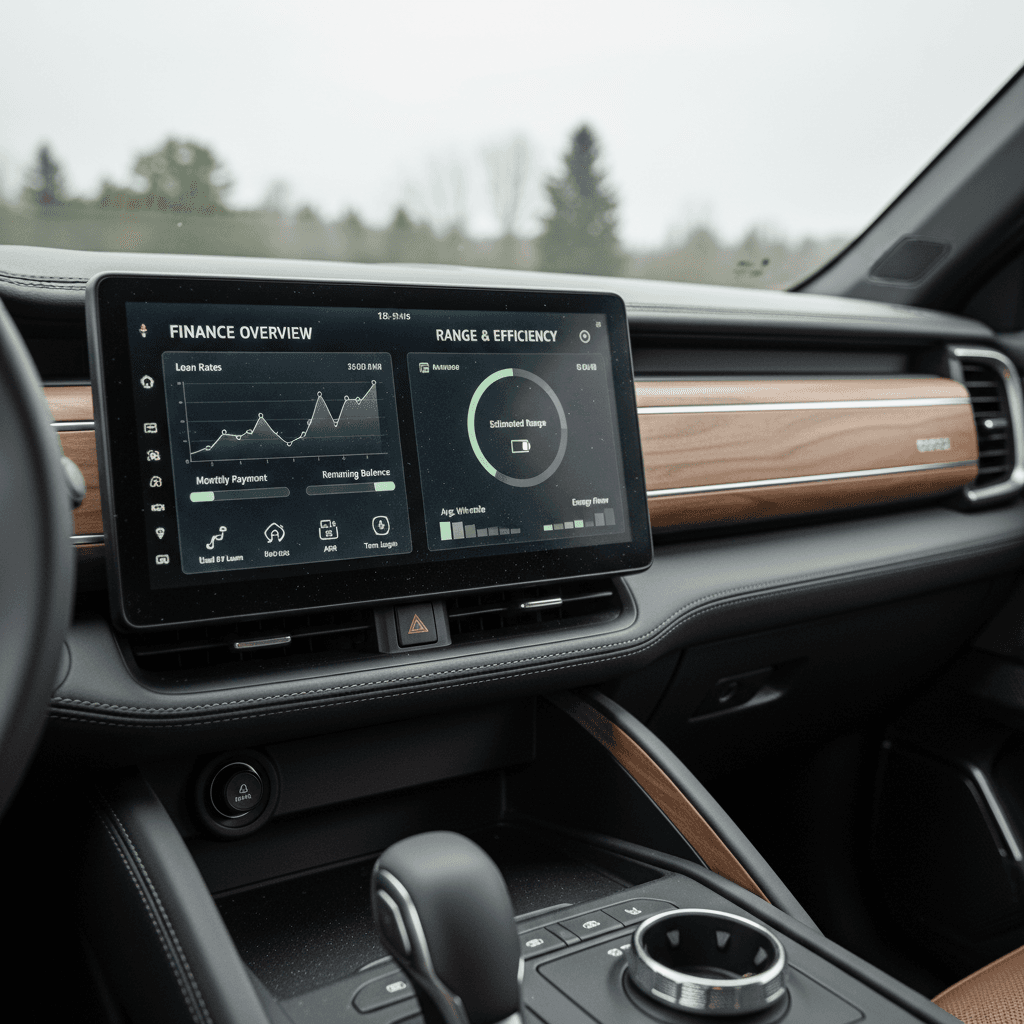 Digital dashboard of a Rivian R1S showing range, trip data, and cost estimates, illustrating how financing and energy costs affect ownership.