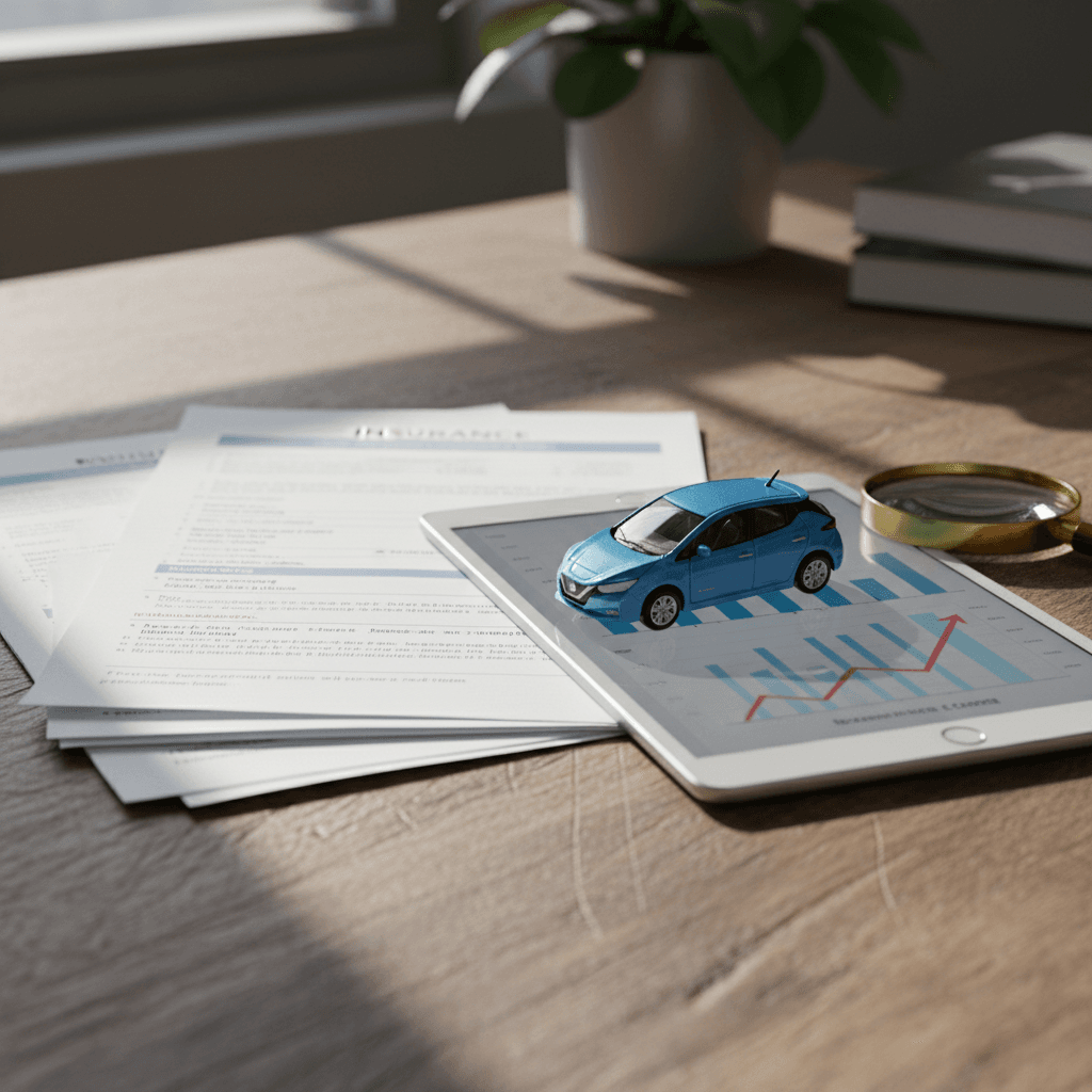 Insurance paperwork, a tablet with a car icon, and a small electric car model laid out on a desk