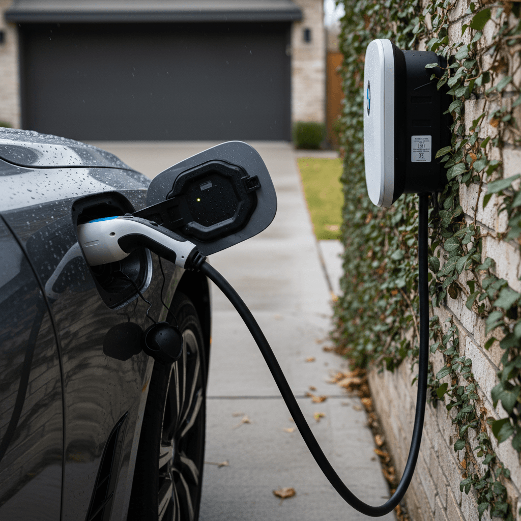 BMW i4 plugged into a Level 2 wall charger at a modern home garage, illustrating low home charging cost per mile