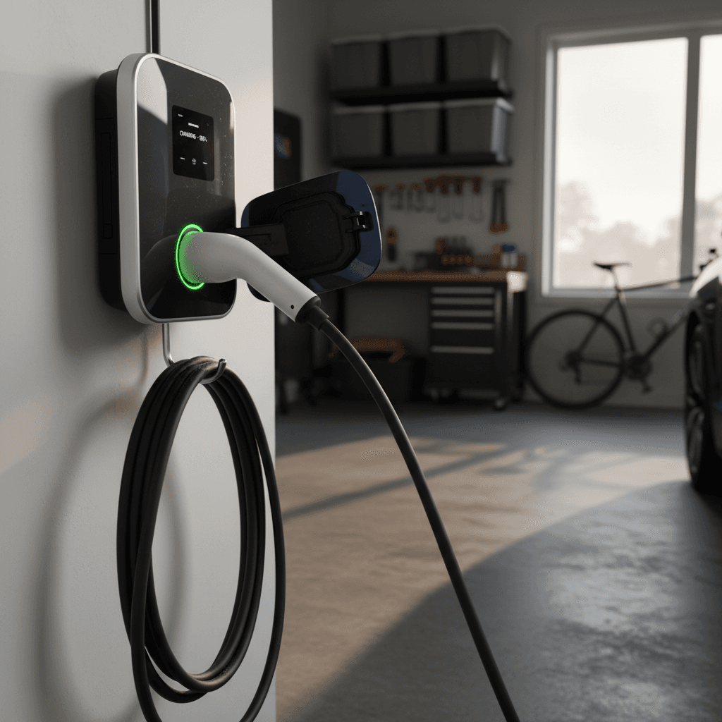 BMW iX connected to a wall-mounted Level 2 home charger in a residential garage