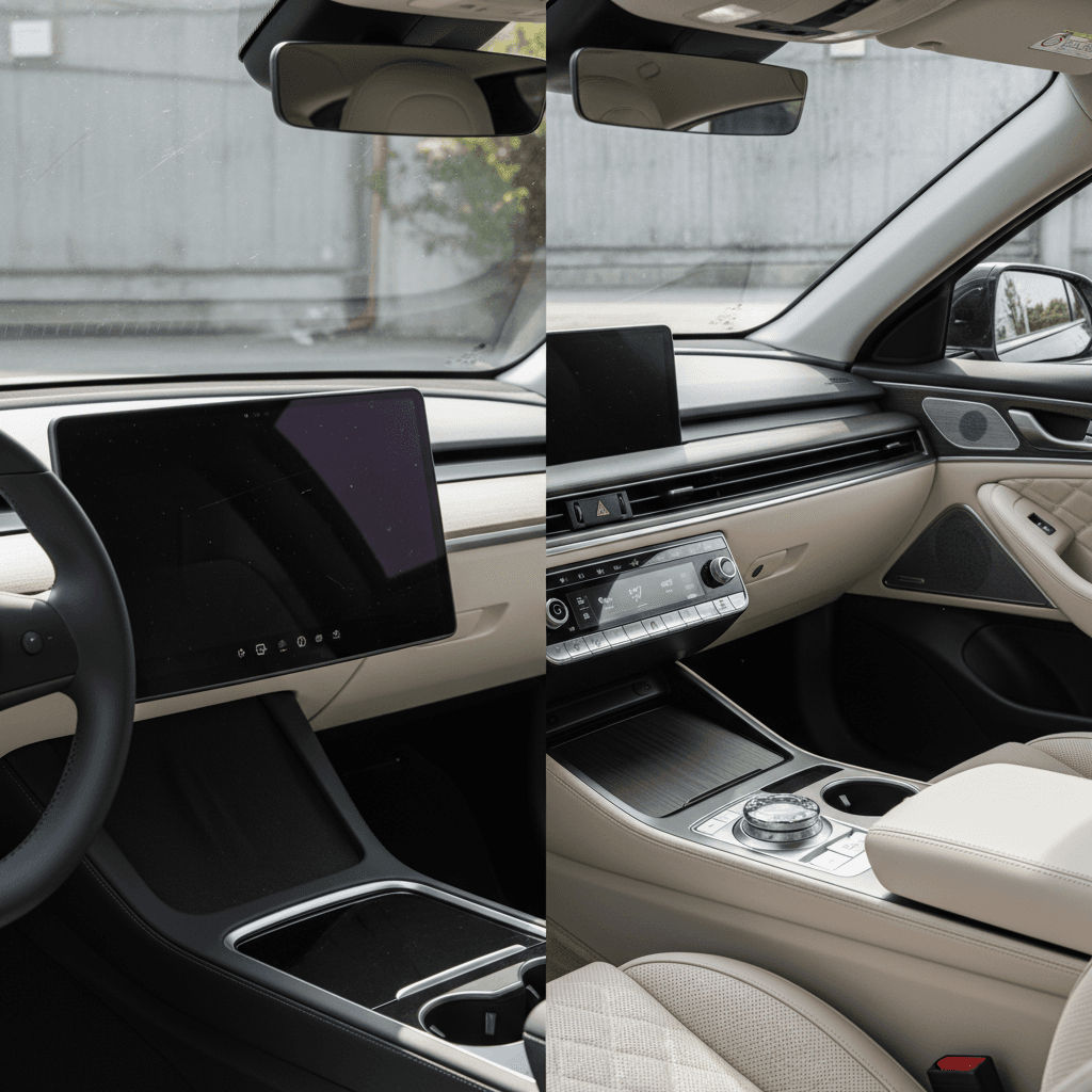 Side-by-side interiors of a minimalist Tesla Model 3 and a luxurious Genesis Electrified G80 cabin