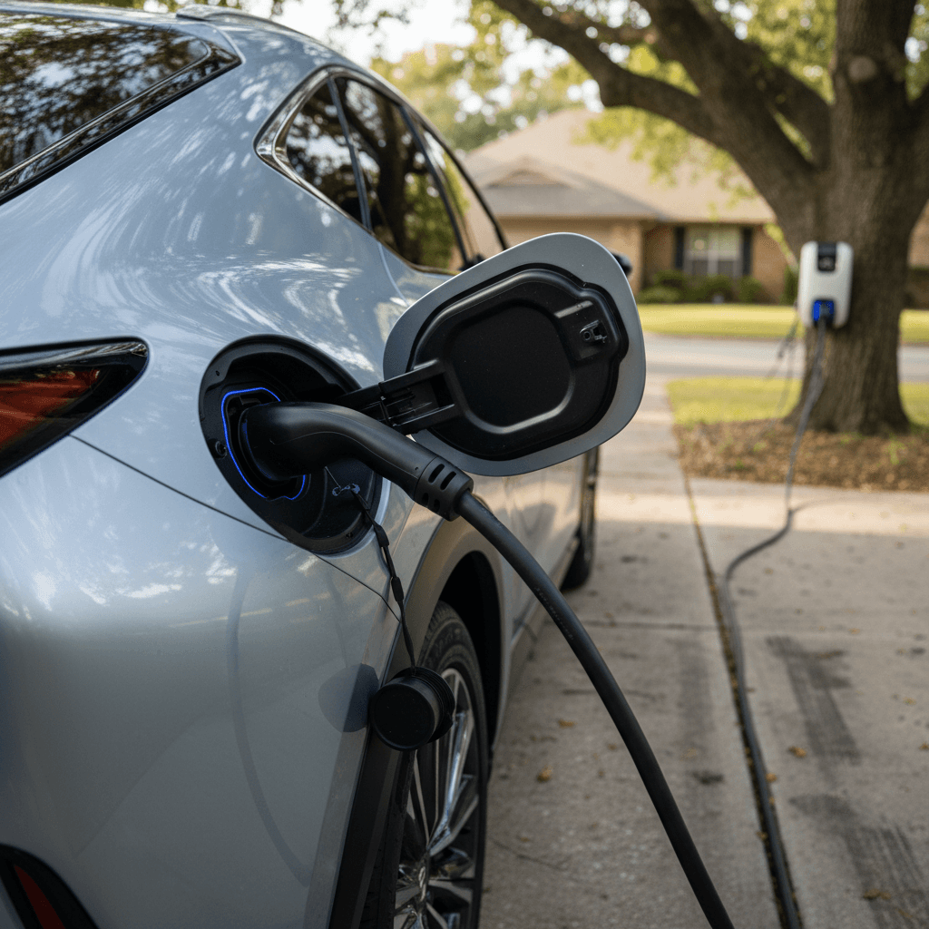 Lexus RZ 450e plugged into a home Level 2 charger in a suburban driveway