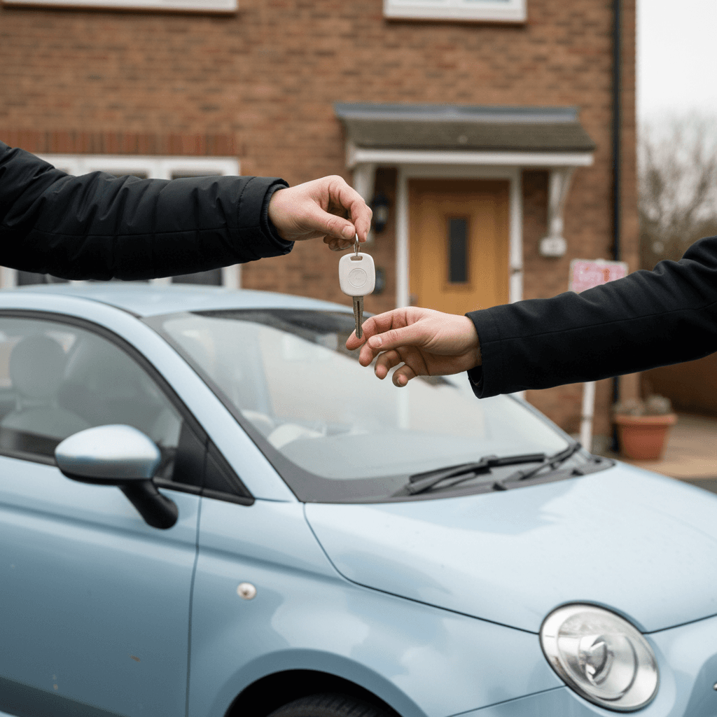 Happy buyer and seller exchanging keys for a used Fiat 500e in a residential driveway