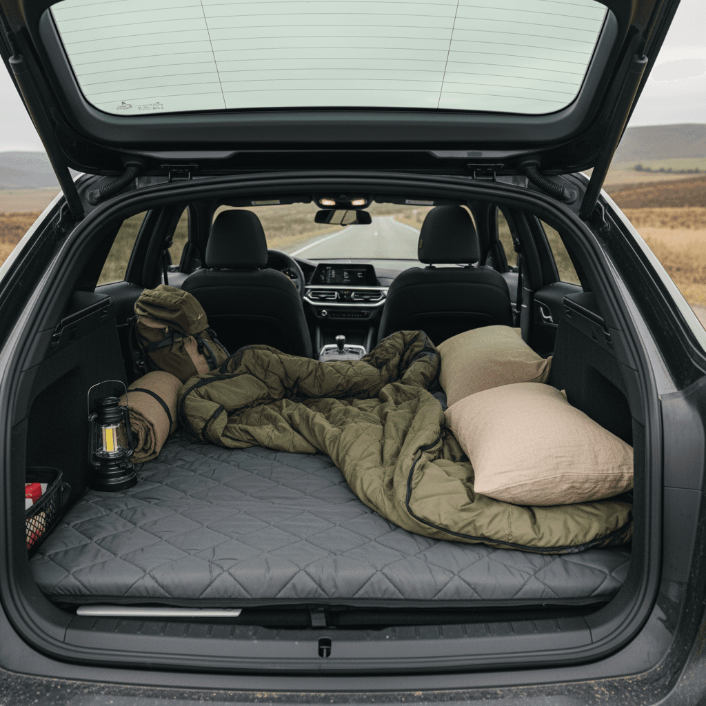 BMW i4 rear cargo area with rear seats folded, a slim camping mattress laid out, and a sleeping bag neatly arranged for overnight use