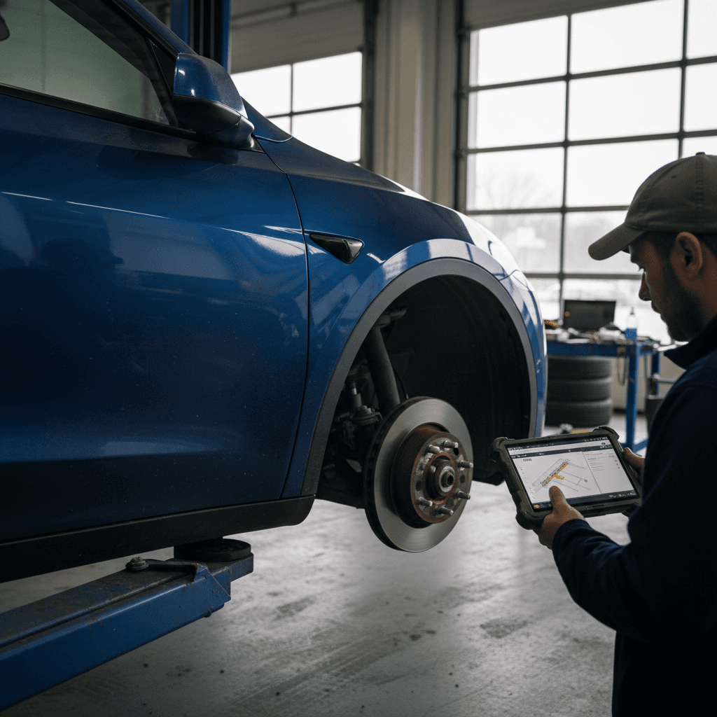 Technician inspecting a used 2020 Tesla Model Y with a tablet in a service bay
