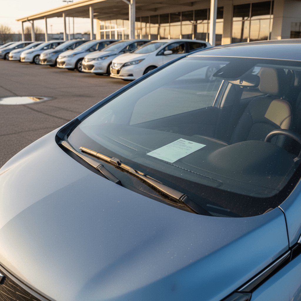 Lineup of used Chevrolet Bolt EVs parked at a dealer row, each with different model year and price tags displayed.