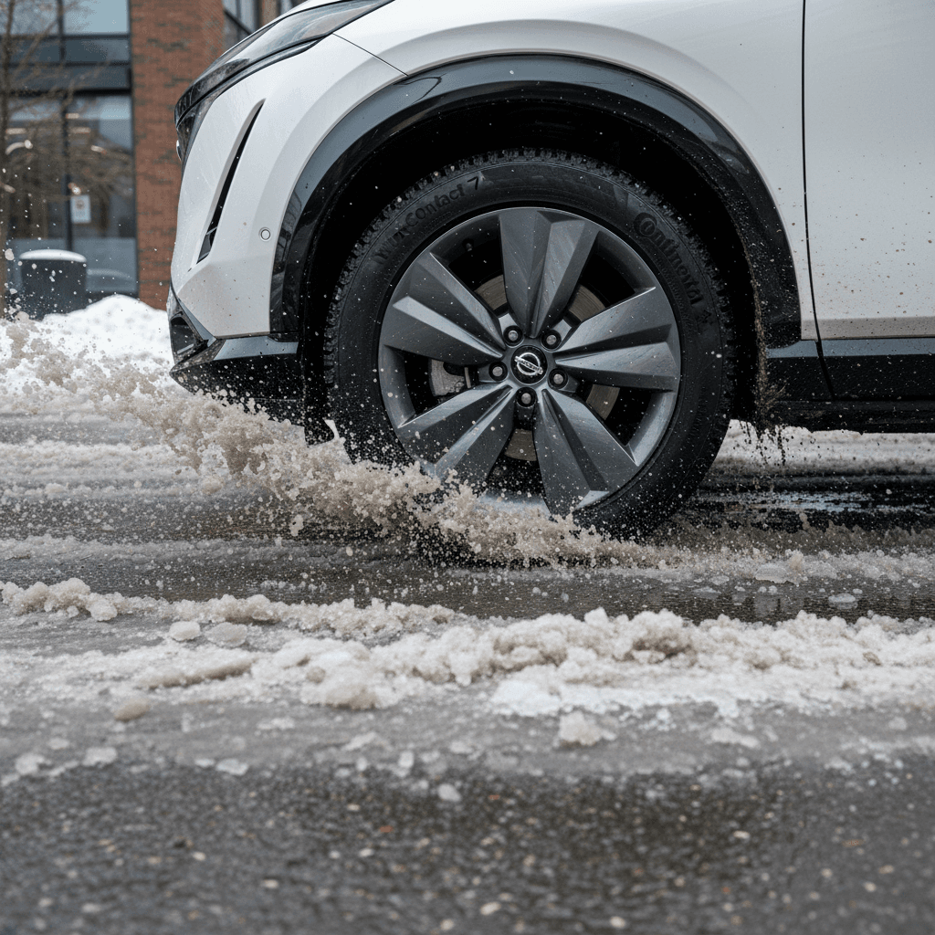 Nissan Ariya fitted with winter tires driving through slushy city streets, highlighting tread pattern cutting through water and snow