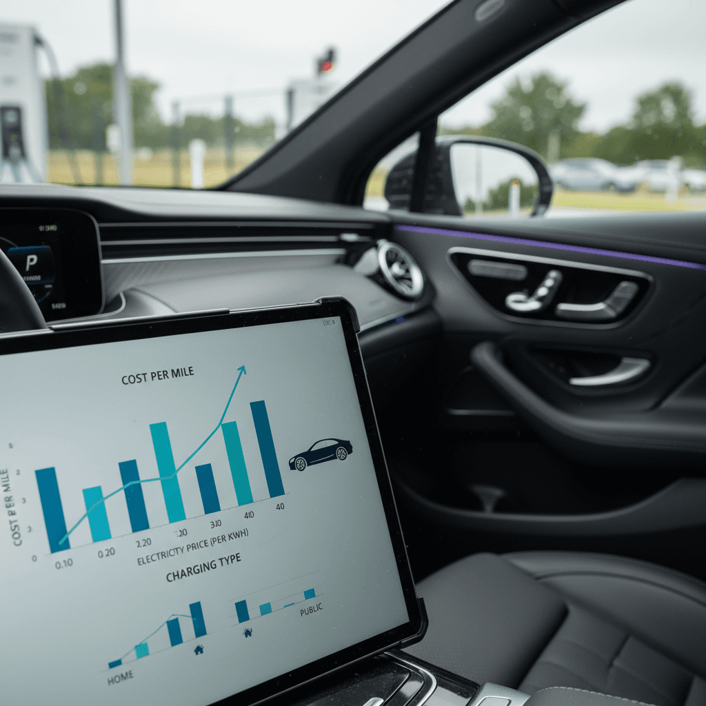 Chart illustrating how the Mercedes EQE’s electricity cost per mile changes at different kWh prices and efficiencies