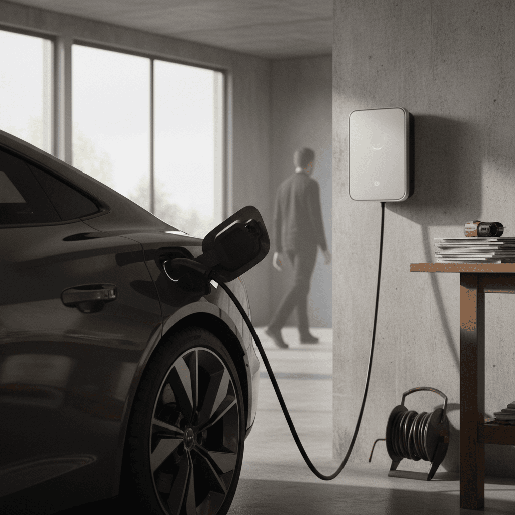 Audi e-tron GT charging at a home wallbox charger in a modern garage