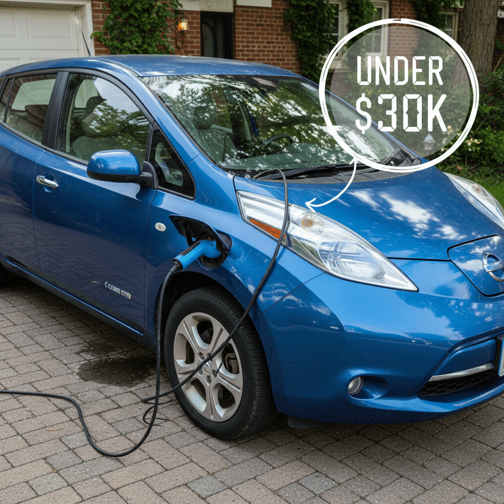 Used electric hatchback charging in a driveway with a for-sale price marker in the window