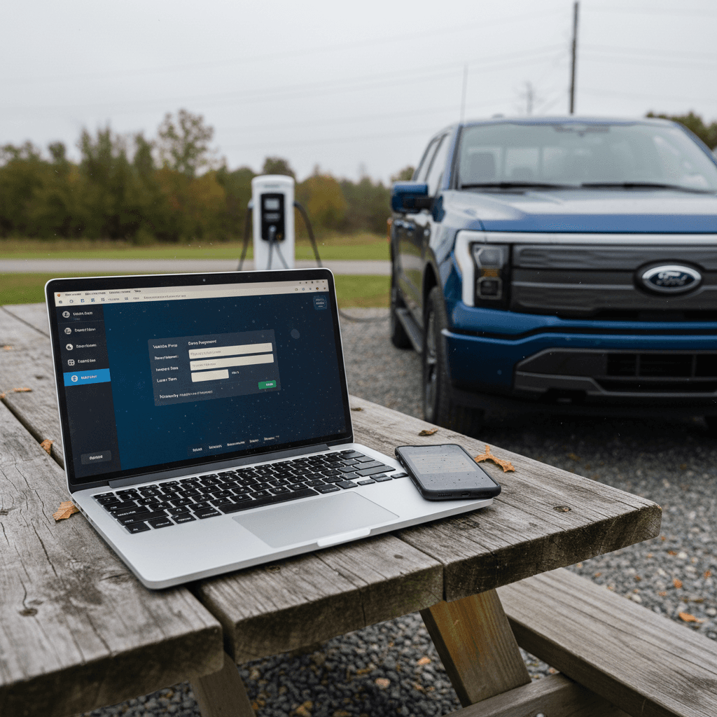 Person using an online auto loan calculator next to an electric Ford F-150 Lightning in a driveway