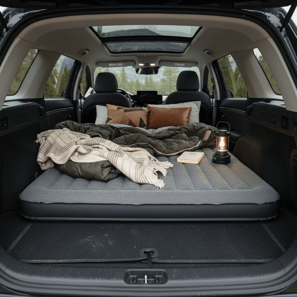 Hyundai Ioniq 5 cargo area with rear seats folded and camping mattress laid out