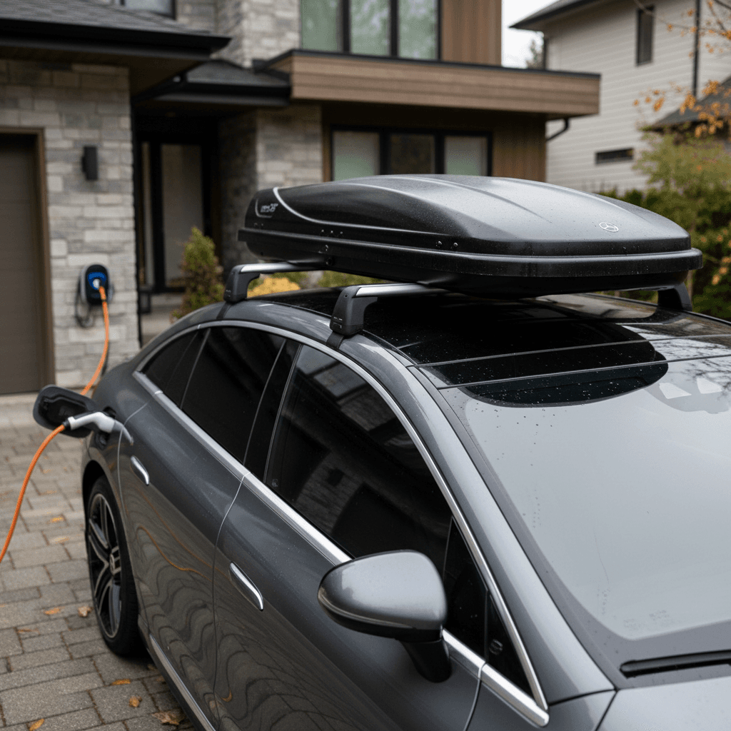Mercedes EQE with cross bars and roof cargo box parked in driveway, showing safe roof rack loading setup