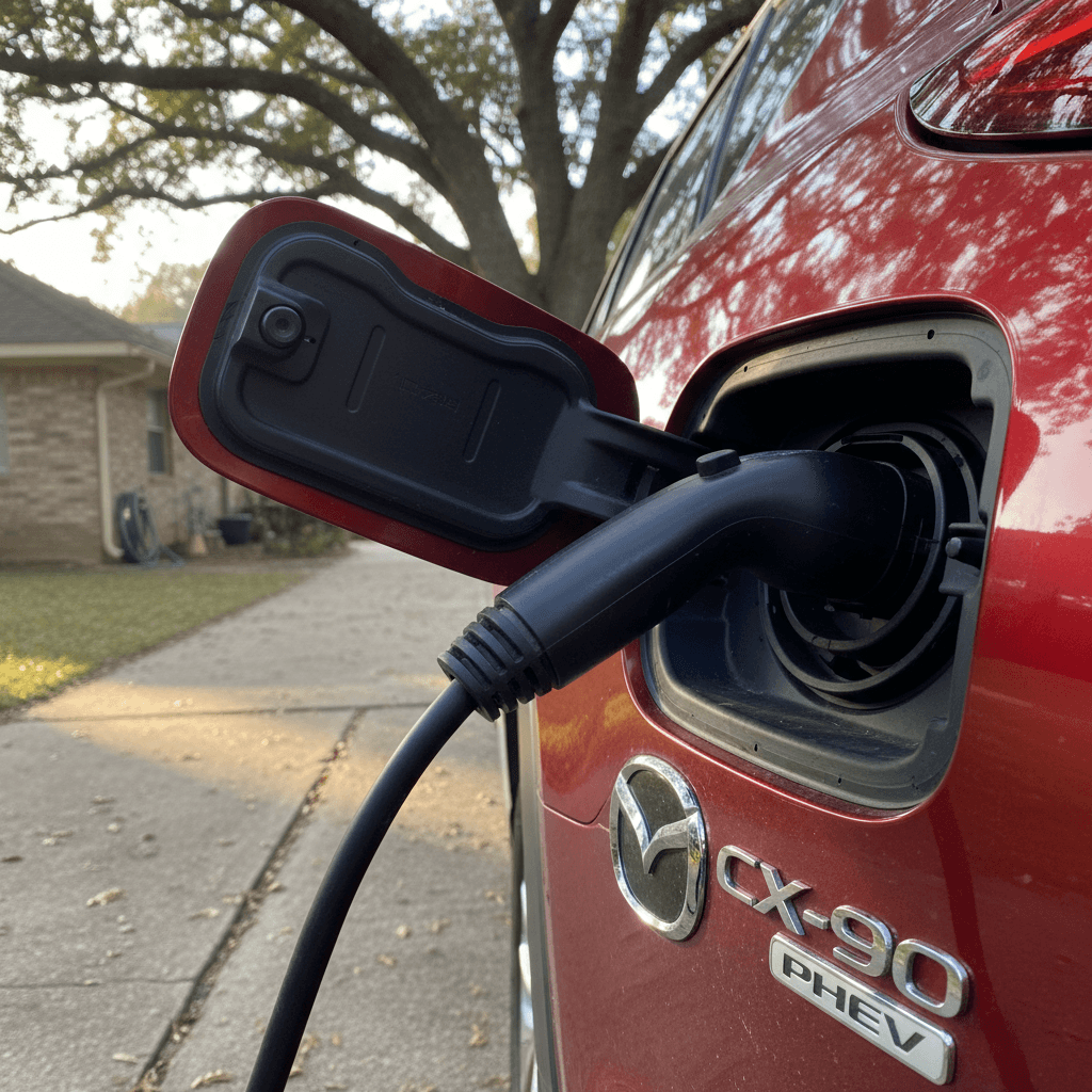 Mazda CX-90 PHEV plugged into a Level 2 home charger in a suburban driveway