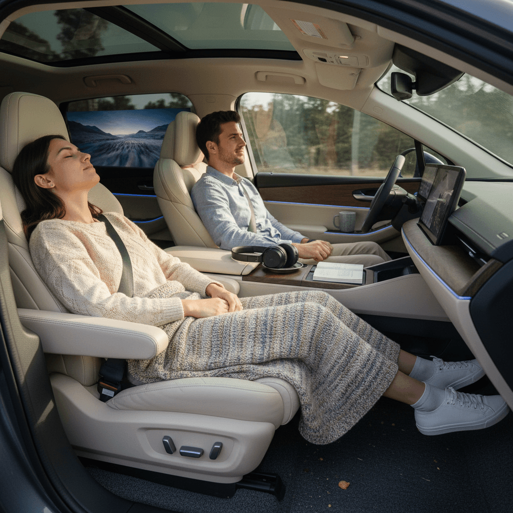 Family sitting comfortably in a modern electric SUV interior while driving on a highway