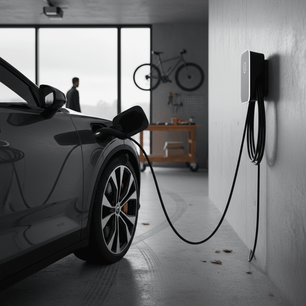 A 2023 Polestar 2 backed into a modern garage, charging from a wall-mounted Level 2 home charger.