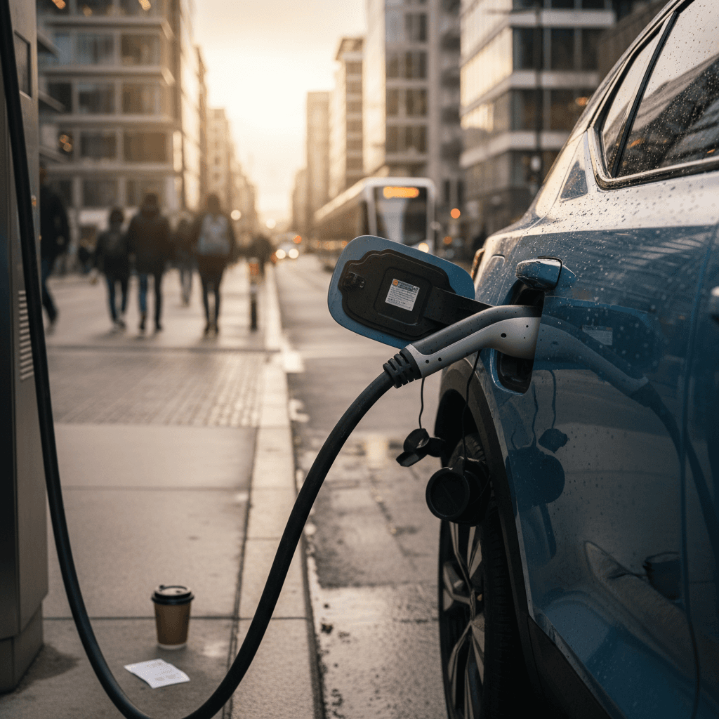 2025 Volvo EX30 charging at a public DC fast charger, highlighting its compact size and modern styling